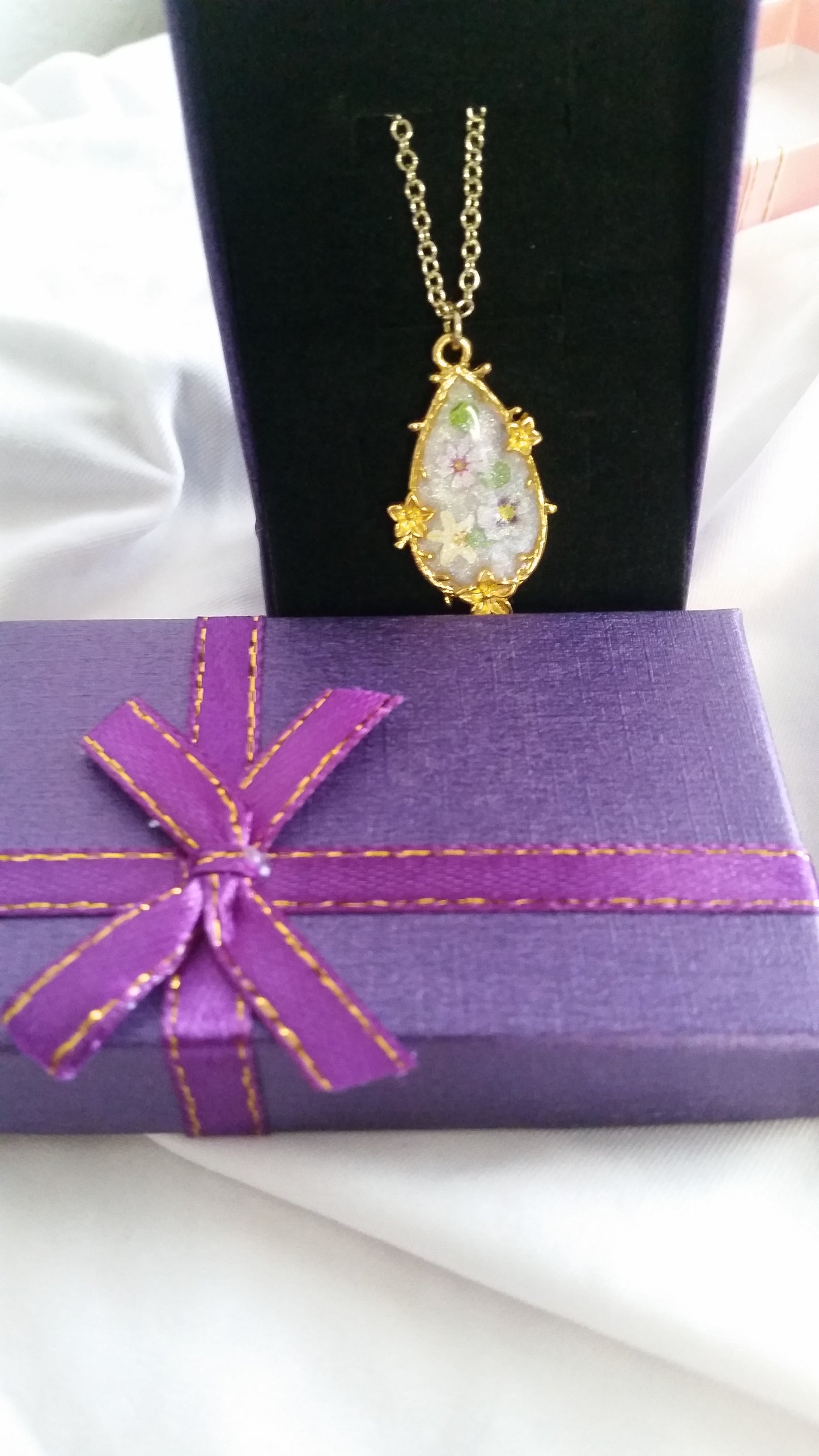 Gold Flower Charm Teardrop Pansy Resin Necklace