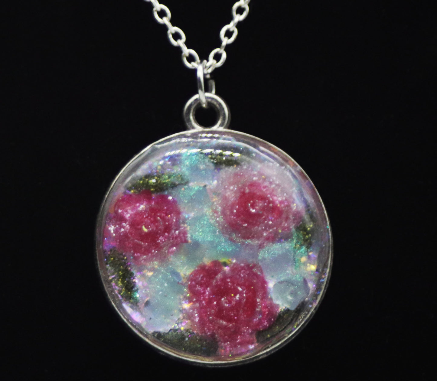 Pink Resin Rose Iridescent Necklace