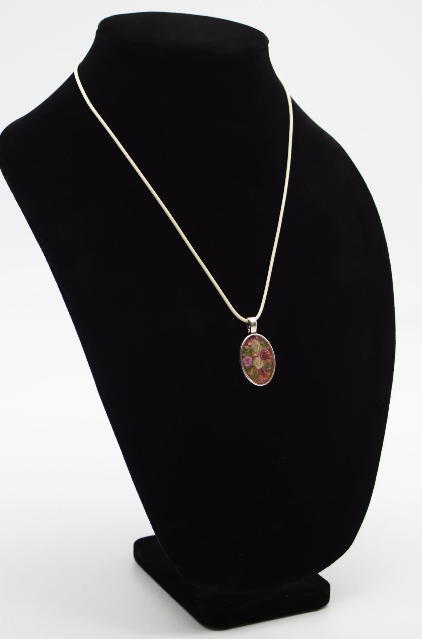 Silver Oval Wood Flower Rose Garden Resin Necklace