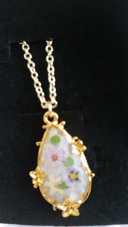 Gold Flower Charm Teardrop Pansy Resin Necklace