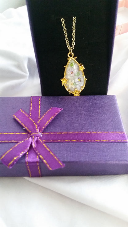 Gold Flower Charm Teardrop Pansy Resin Necklace