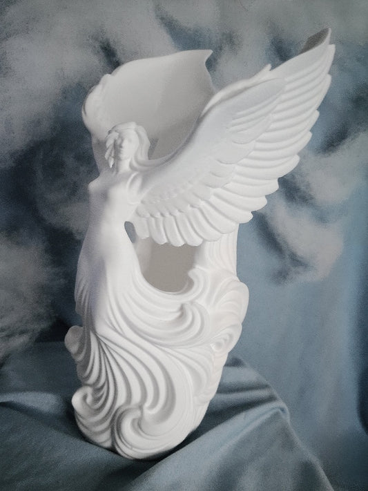 Heavenly Wings Angel Pen and Planter Holder — 3D printed matte white angel figurine with dramatic upswept wings and hollow center opening