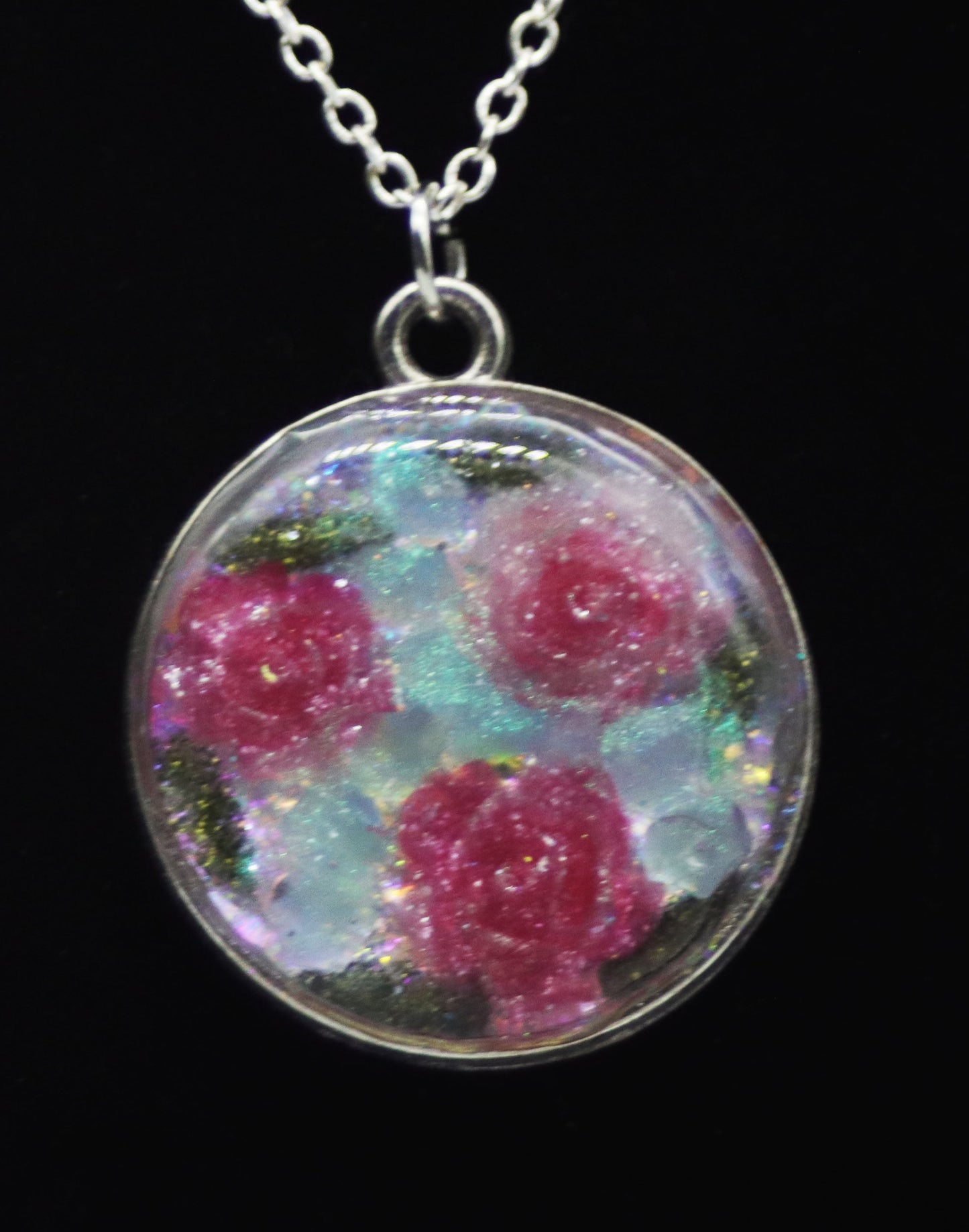 Pink Resin Rose Iridescent Necklace