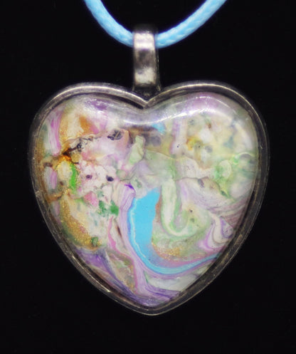 Pastel Swirl Paint Skin Glass Cabochon Heart Necklace