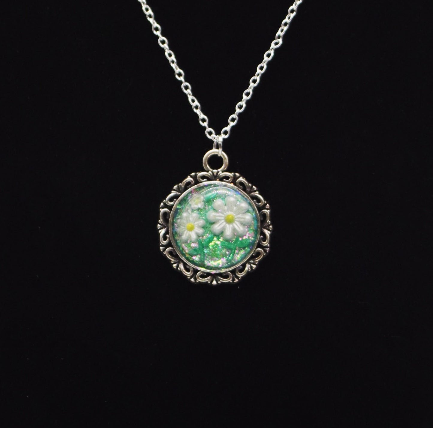 White Daisy Resin Necklace — Handmade Filigree Pendant