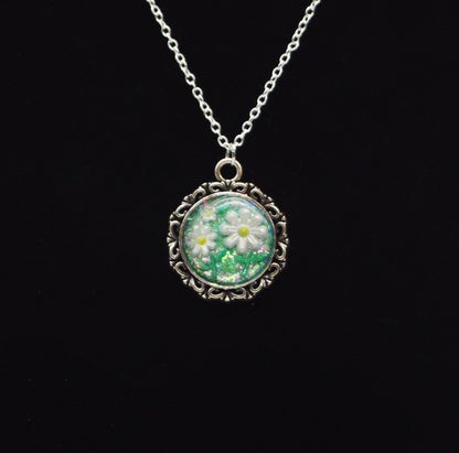 White Daisy Resin Necklace — Handmade Filigree Pendant