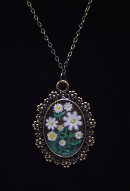 Antique bronze oval resin necklace with daisy border and handcrafted white daisy flowers