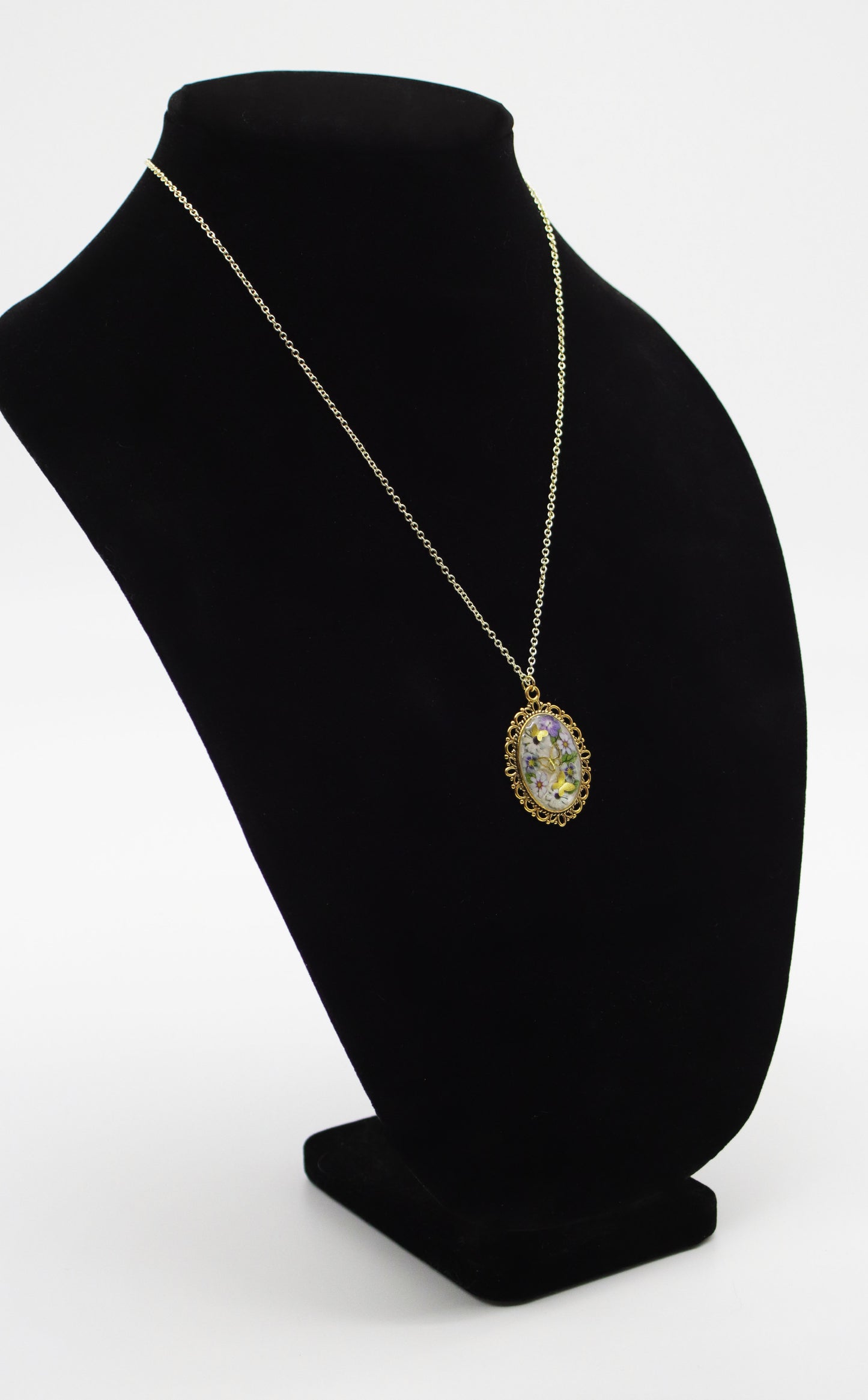 Gold Filigree Butterfly Garden Resin Necklace