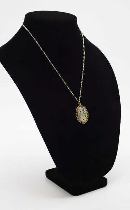 Gold Filigree Butterfly Garden Resin Necklace