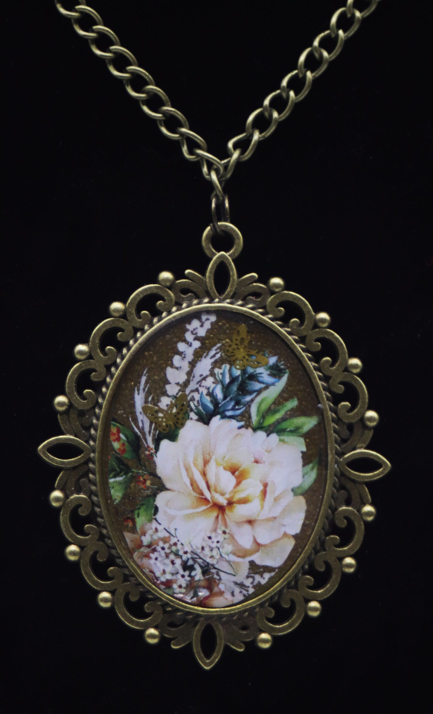 Antique Bronze Filigree Peony Washi Tape Resin Necklace