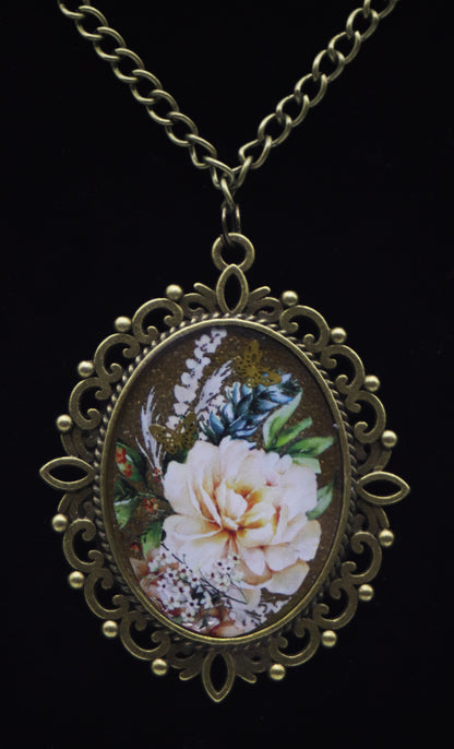 Antique Bronze Filigree Peony Washi Tape Resin Necklace
