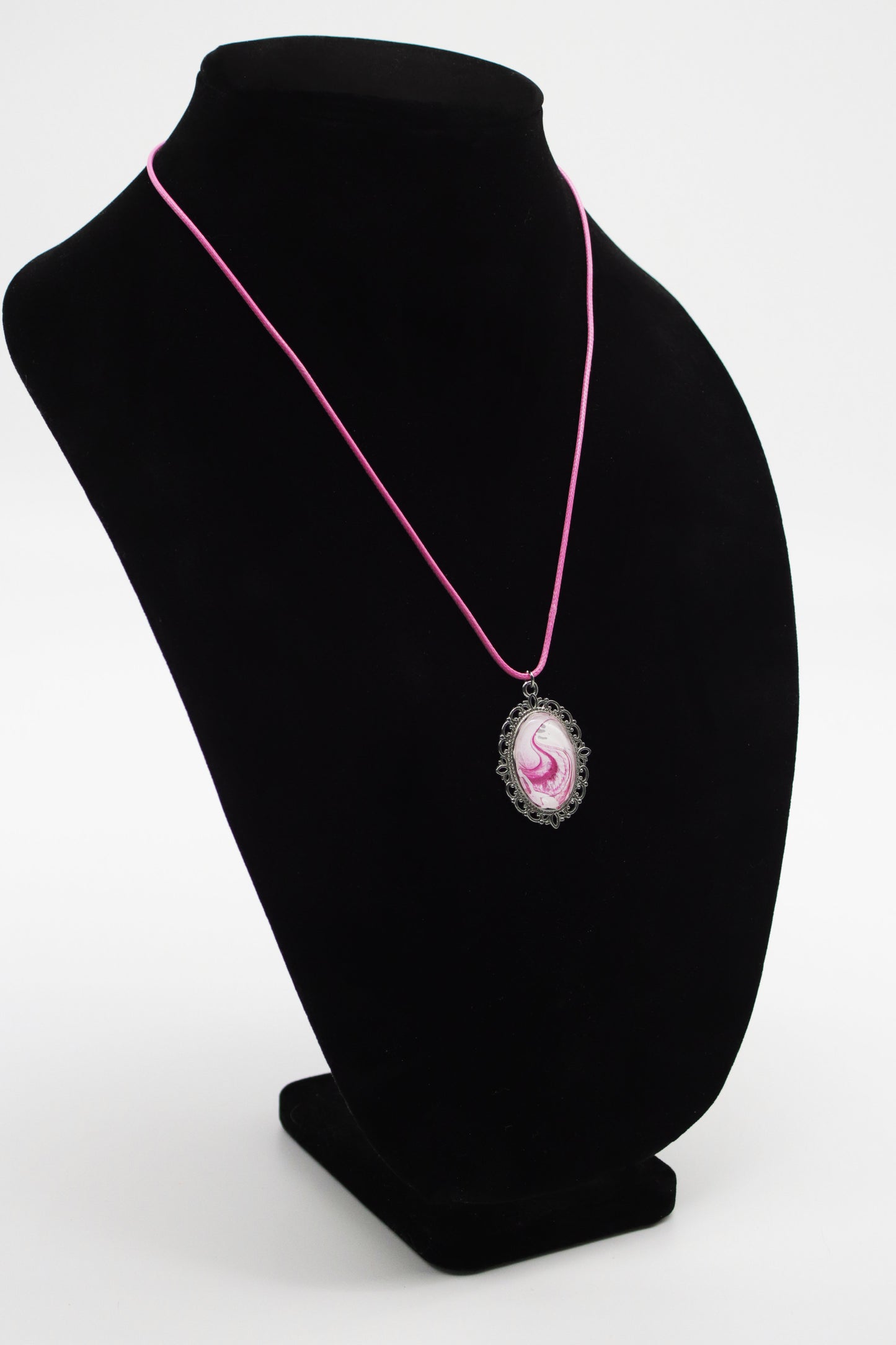 Silver Filigree Oval Pink Swirl Paint Skin Necklace