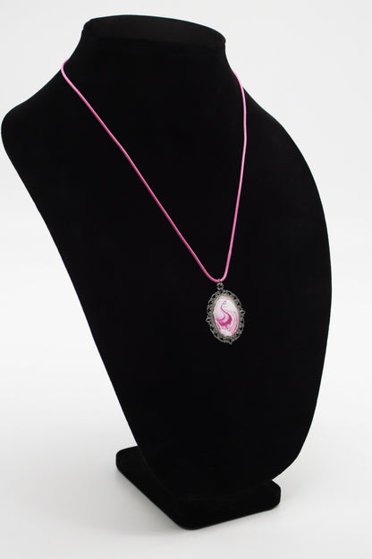 Silver Filigree Oval Pink Swirl Paint Skin Necklace