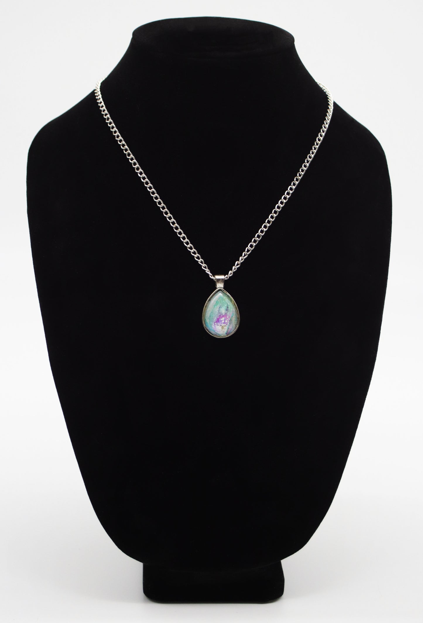 Silver Teardrop Teal Purple Aurora Paint Skin Necklace