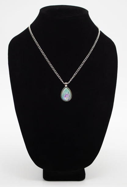 Silver Teardrop Teal Purple Aurora Paint Skin Necklace