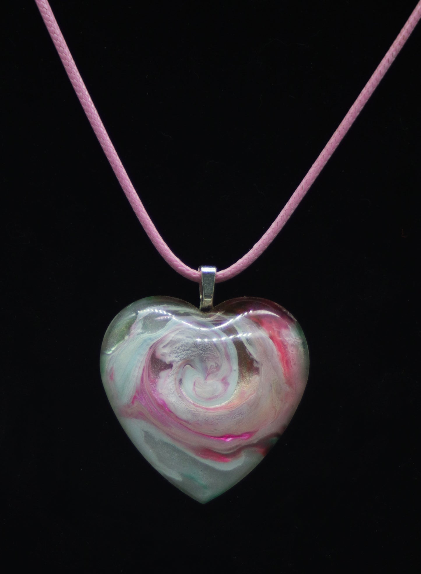 Large puffy resin heart pendant with hand-swirled rose design in sage green blush pink and coral on pink cord