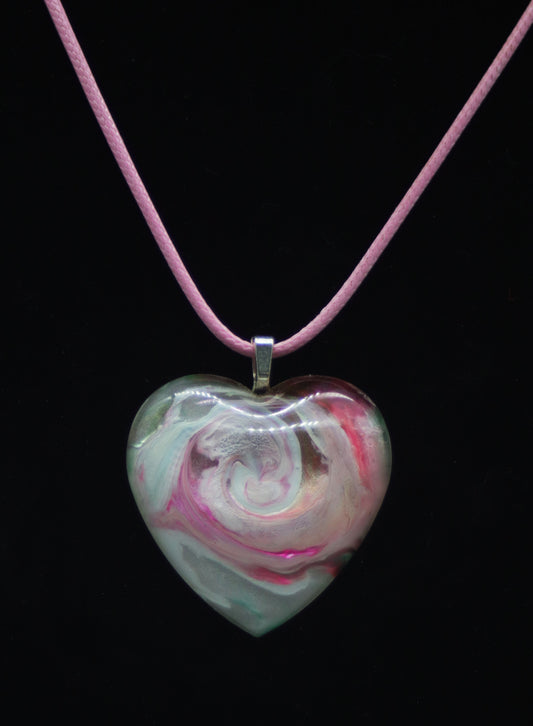 Large puffy resin heart pendant with hand-swirled rose design in sage green blush pink and coral on pink cord