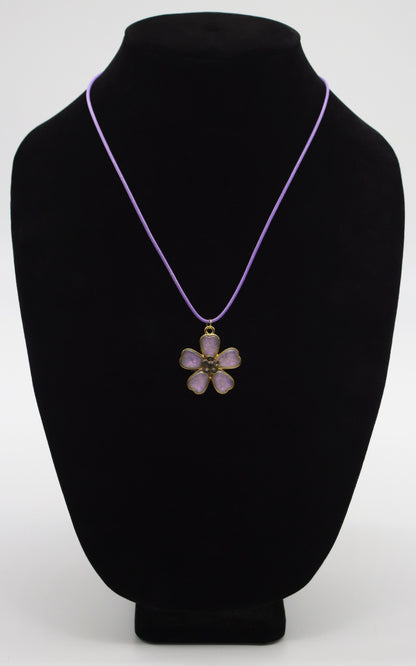 Gold Five-Petal Lavender Resin Flower Necklace