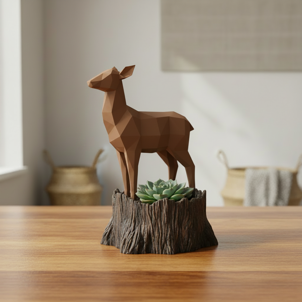 Deer Stump Planter warm brown 3D printed with succulent